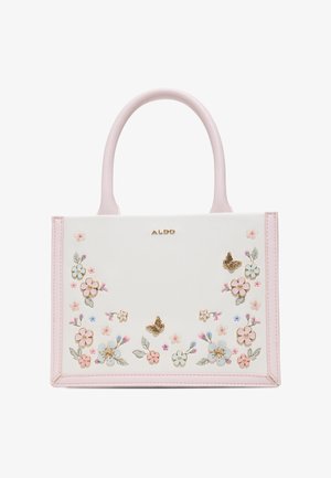Borsa bianca e rosa pallido con decorazioni floreali e farfalle, forma strutturata e manici arrotondati, con logo "ALDO" dorato.
