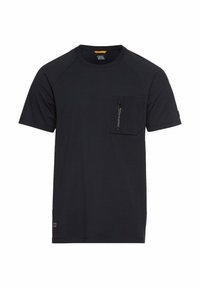 Mørkeblå t-shirt med korte ærmer lavet af glat stof, med en venstre brystlomme med lynlås og kontrastsyning på skuldrene.
