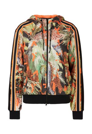 Kapuzenjacket mit lebhaften botanischen und tierischen Drucken. Hergestellt aus weichem Stoff, mit schwarzen Akzenten, kontrastierenden Streifen und Reißverschluss.