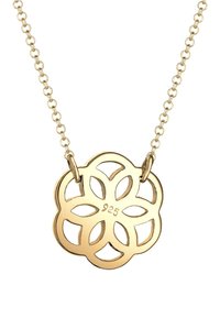 Forgyldt sølv halskæde med en blomsterpendant, der har udskæringsdesign og en glat finish. Stempel "925" synligt på pendanten.