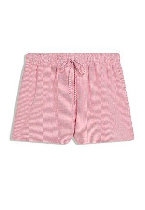 Roza in bele kratke hlače z navpičnimi črtami, ki imajo elastični pas in sprednjo vrvico za zavezovanje, položene na ravno površino na belem ozadju.