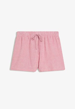Ružové a biele vertikálne pruhované šortky s elastickým pásom a šnúrkou vpredu, natiahnuté na bielom pozadí.