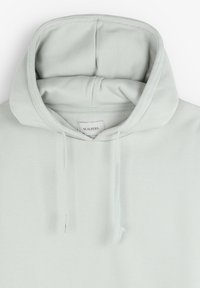 Lichtgroene hoodie van zacht materiaal, met een trekkoordcapuchon, ribgebreide manchetten en een klein label op de hals. Glad textuur en een minimalistisch ontwerp.