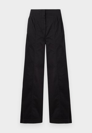 Black high-waist wide-leg trousers with front seam details and side pockets, displayed against a plain light background.