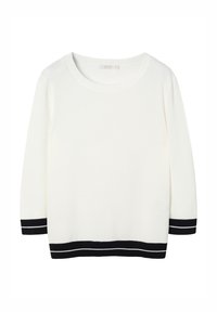 Pull blanc à manches longues avec poignets et ourlet rayés noirs et blancs, doté d'un col rond et d'une petite étiquette de taille à l'intérieur du col.