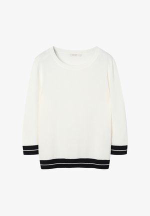 Balts džemperis ar garām piedurknēm, melnas un baltas svītras aprocēs un apakšmalā, ar apaļu kakla izgriezumu un mazu izmēra etiķeti apkakles iekšpusē.