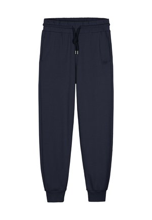 Navy blue jogger pants made from soft fabric, featuring elastic waistband with drawstring, side pockets, and tapered cuffs.