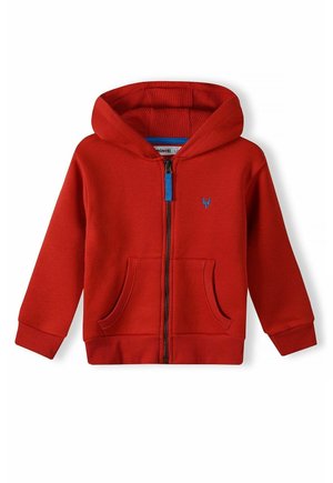 Rode hoodie met rits, gemaakt van zachte stof. Voorzien van een dubbel gevoerde capuchon, steekzakken aan de voorkant en een blauwe ritssluiting als accent. Klein blauw logo op de borst.
