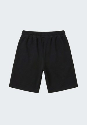 Shorts à taille élastique noire avec une coupe droite, longueur genou, en tissu doux, présentés sur un fond clair uni.