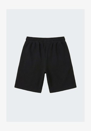 Shorts à taille élastique noire avec une coupe droite, longueur genou, en tissu doux, présentés sur un fond clair uni.