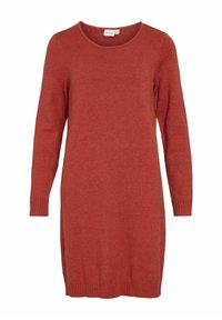 Strickkleid in Rostfarbe mit langen Ärmeln, rundem Ausschnitt sowie gerippten Bündchen und Saum. Weiche Textur, knielanges Design.