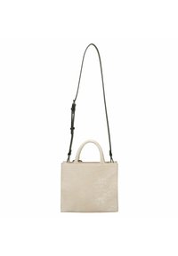 Krochodile-embossierte beige Handtasche mit einem oberen Griff und verstellbarem schwarzen Schultergurt; rechteckige Form mit strukturierter Oberfläche und minimaler Hardware.