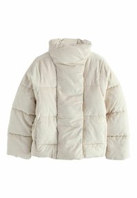 Beige Corduroy-Puffjacke mit hohem Kragen, großen gesteppte Abschnitten und einer weichen Textur. Die Rückansicht hebt das gerippte Muster des Stoffs hervor.