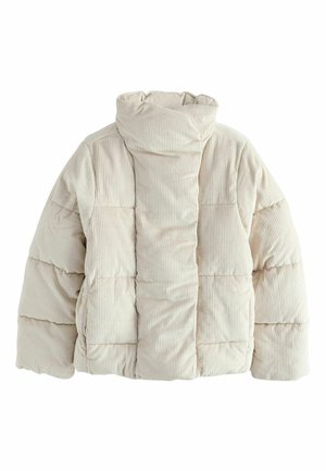 Beige Corduroy-Puffjacke mit hohem Kragen, großen gesteppte Abschnitten und einer weichen Textur. Die Rückansicht hebt das gerippte Muster des Stoffs hervor.