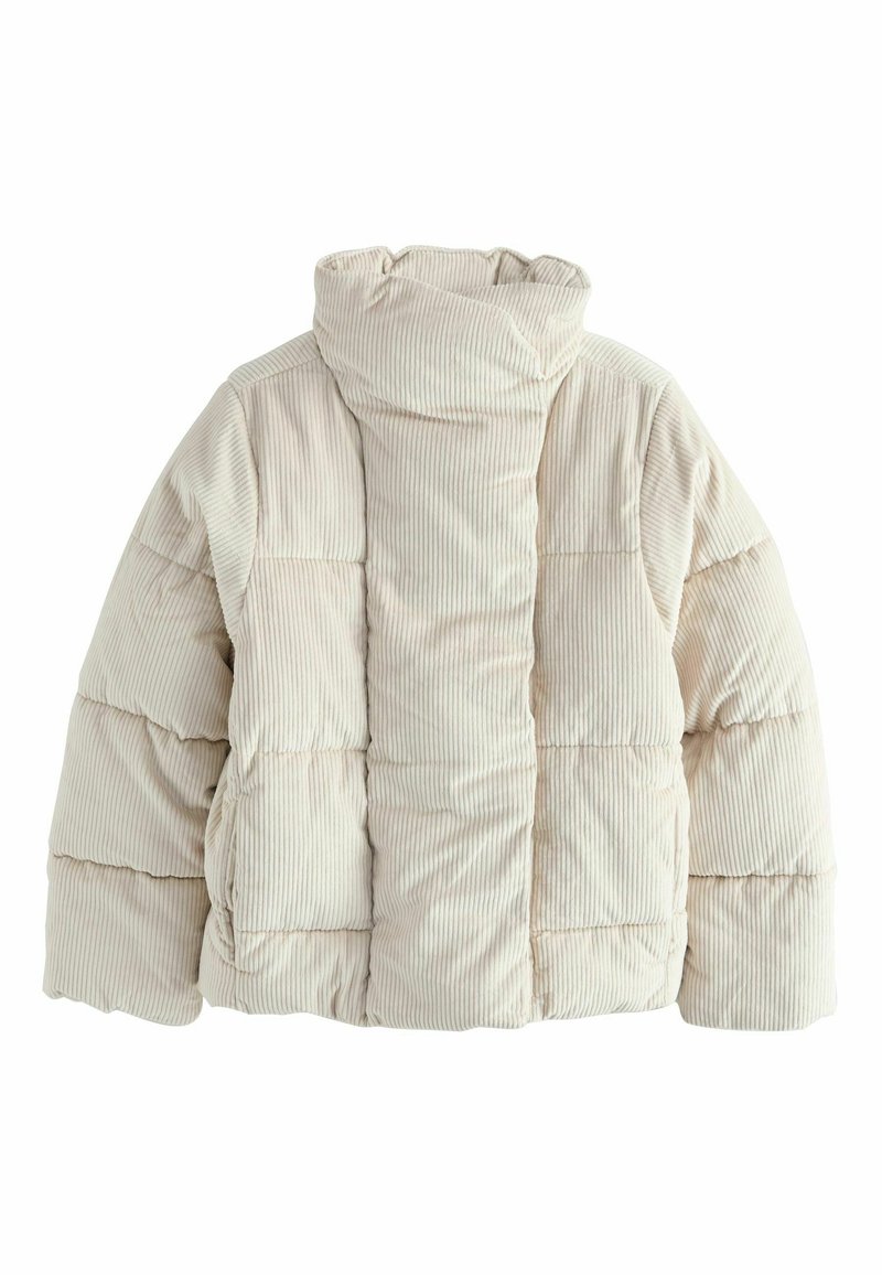 Beige Corduroy-Puffjacke mit hohem Kragen, großen gesteppte Abschnitten und einer weichen Textur. Die Rückansicht hebt das gerippte Muster des Stoffs hervor.