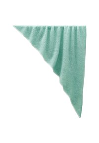 Serviette triangulaire vert clair avec une surface texturée et un bord en forme de festons. Le tissu possède une qualité douce et absorbante, adaptée au bain.