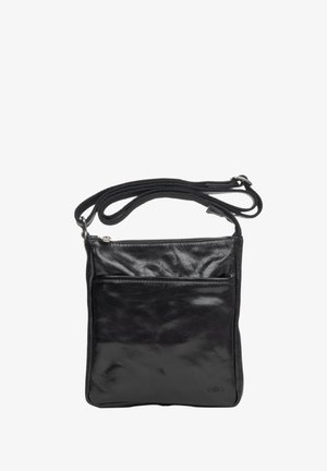 Czarna skórzana torba na ramię z gładką fakturą, główną komorą z zamkiem błyskawicznym oraz zewnętrzną kieszenią z przodu. W zestawie regulowany pasek.