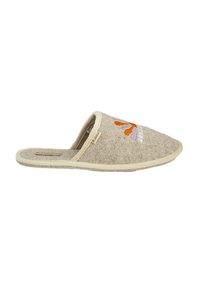 Light beige felt slipper with a rounded toe, cream trim, and colorful floral embroidery featuring orange and purple accents.