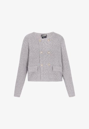 Hallux tekstuuriga hall kardigan, millel on topelt-nupud kuldse tooniga ja kaks eesmist taskut. Kavandatud lühendatud silueti ja pikkade varrukatega.