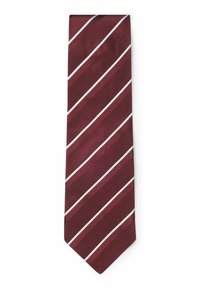Burgundzka krawat z teksturowanym wzorem i białymi ukośnymi paskami. Wąski kształt z zakończeniem w kształcie spiczastym, wykonany z tkaniny tkanej.