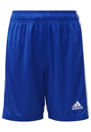 Niebieskie spodenki sportowe z elastycznym paskiem w talii, białe paski z boku oraz białe logo Adidas na dolnej, prawej nogawce.