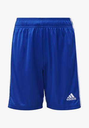 Niebieskie spodenki sportowe z elastycznym paskiem w talii, białe paski z boku oraz białe logo Adidas na dolnej, prawej nogawce.