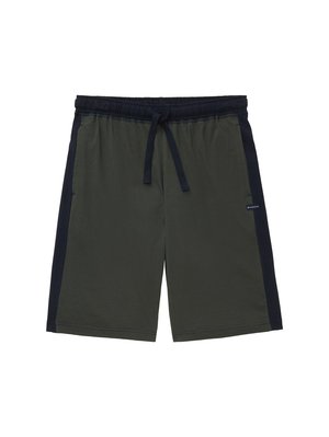 Grüne Shorts mit marineblauen Seitenpanelen, Gummibund mit Kordelzug und zwei seitlichen Taschen. Hergestellt aus leichtem Stoff mit strukturierter Oberfläche.