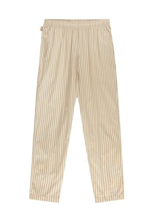 Beige striped pants with an elastic waistband, straight leg design, and a smooth fabric texture. Accented with minimal detailing.