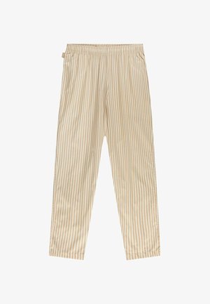Beige gestreepte broek met een elastische tailleband, recht gesneden ontwerp en een gladde stoftextuur. Accentuated met minimale details.