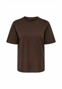T-shirt corto in cotone marrone scuro con maniche corte e collo a giro, design semplice e cuciture visibili su maniche e orlo.