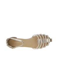 Strappy højhælede sandaler i metallisk sølv med en glat overflade. Har flere smalle stropper og et rundt tådesign.