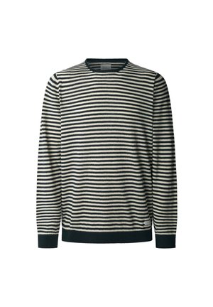 Pull en maille rayé à manches longues en crème et marine, col rond, avec des lignes horizontales, des poignets et un ourlet côtelés, texture douce.