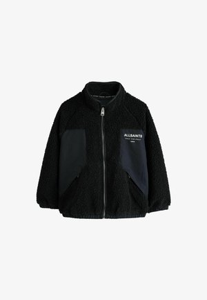 Schwarze Fleecejacke mit Reißverschluss, kontrastierenden Seitenteilen und weißem "ALLSAINTS" Logo auf der linken Brusttasche.