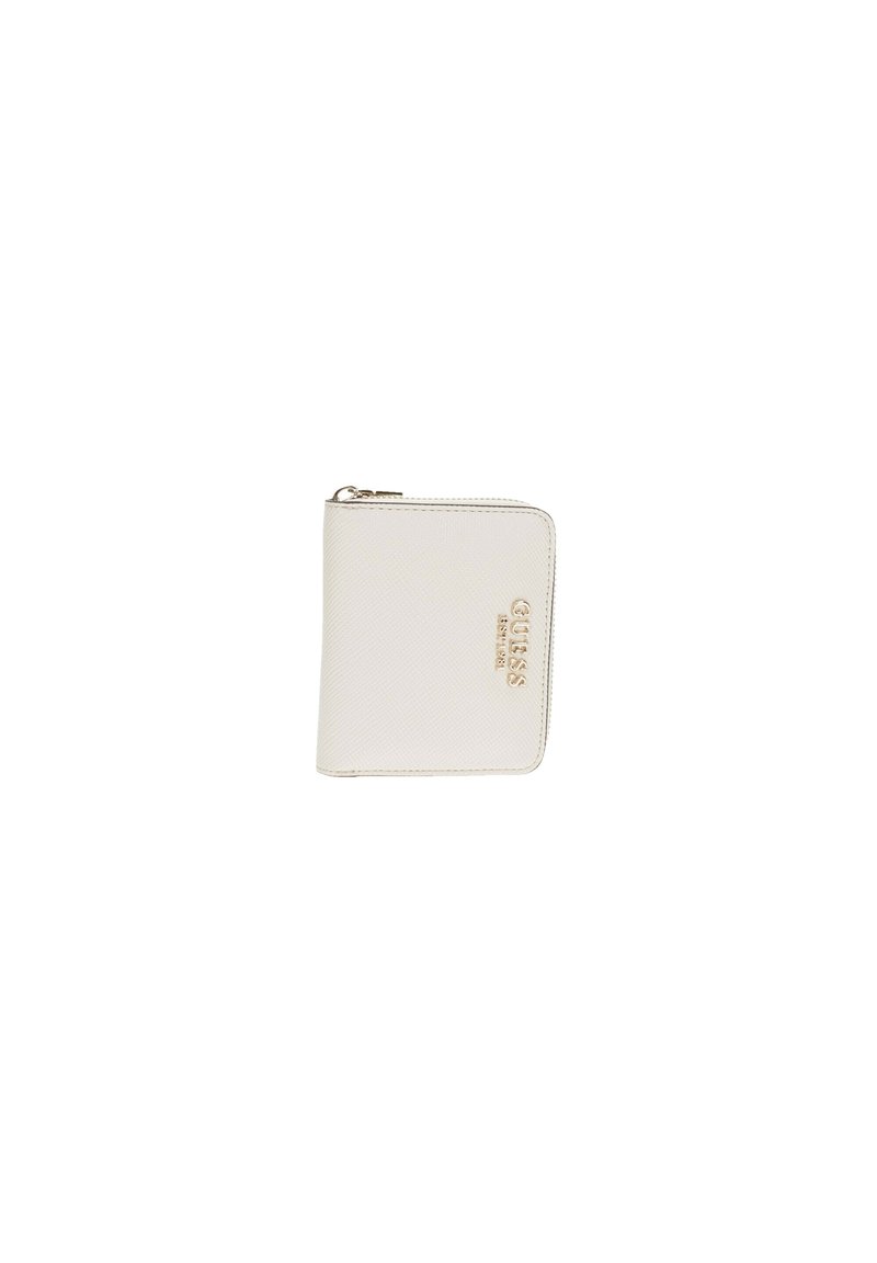 Portafoglio bianco testurizzato con chiusura a zip, caratterizzato da un logo in rilievo sul fronte, forma rettangolare e dettagli di cucitura sottili.