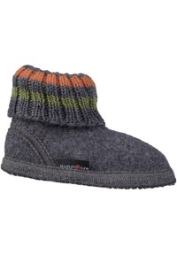 Grau gefütterte Hausschuhe mit einem gestrickten Umschlag in orange, grün und grauen Streifen. Ausgestattet mit einer strukturierten Sohle und einem Markenetikett.