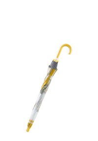 Transparent umbrella with yellow handle and accents, featuring a grey and pastel pattern on the canopy. Curved hook for easy grip.