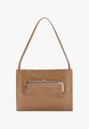 Brown leather handbag with a smooth texture, rectangular shape, and a silver metal clasp accent on the front. Single shoulder strap.