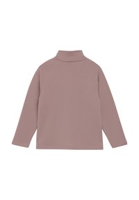 Långärmad topp i ljus mauve med hög krage och ribbad textur, raglanärmar och rak fåll.