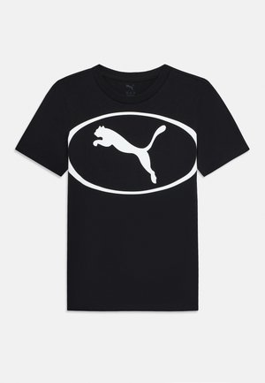 Fekete pamut póló nagy fehér ugró macska logóval egy ovális keretben. Klasszikus kerek nyakú kialakítás. Simma textúra, rövid ujjak.