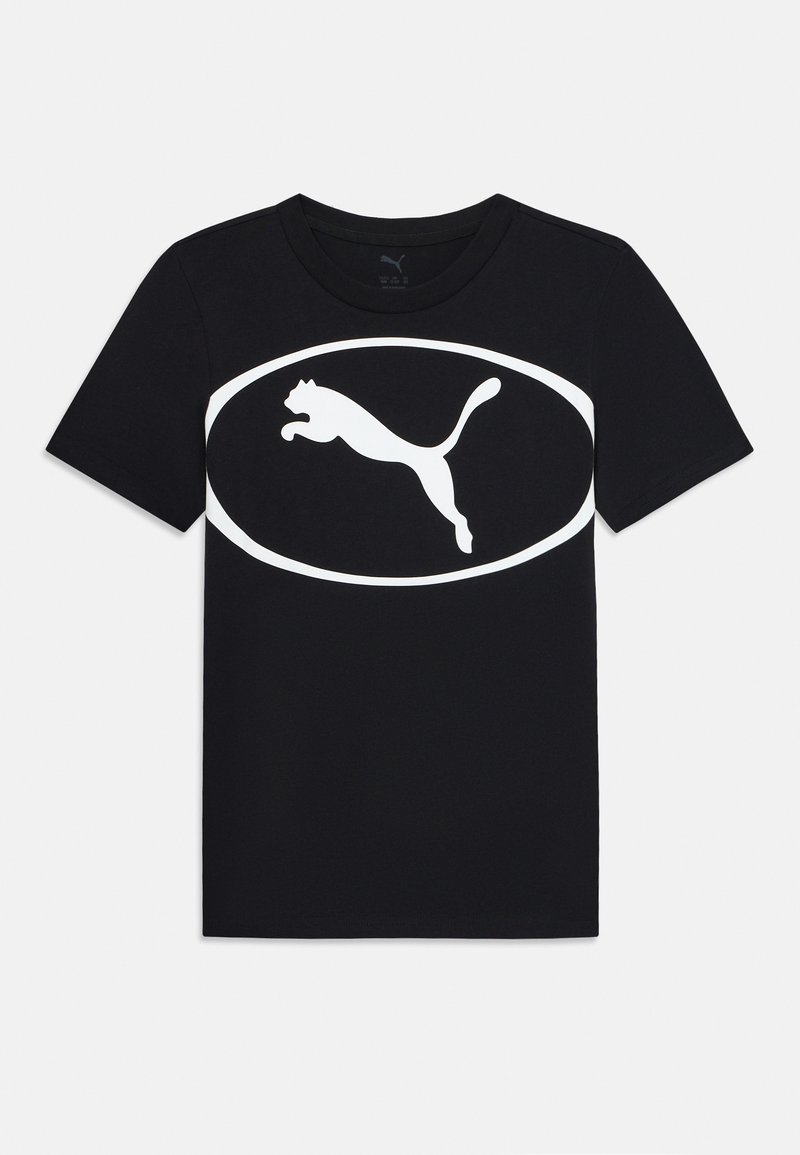 La camiseta de algodón negra presenta un gran logotipo de un gato saltando en blanco dentro de un óvalo. Diseño clásico de cuello redondo. Textura suave, mangas cortas.