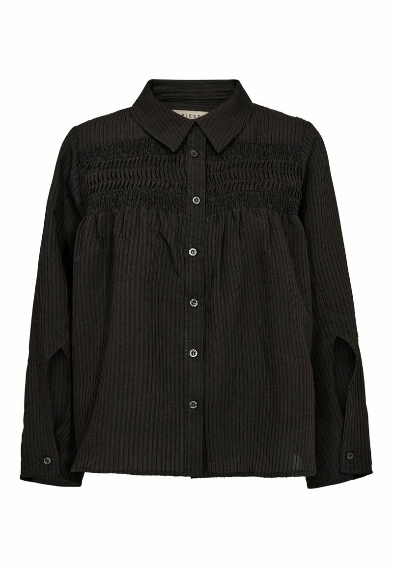 Melns pogas krekls, izgatavots no teksturēta auduma ar vertikālām svītrām, ar smocku yoku un garām piedurknēm ar pogām.