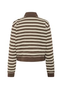 Pull à manches longues rayé horizontal marron et crème avec col, poignets et ourlet côtelés, présenté de dos sur un fond blanc.