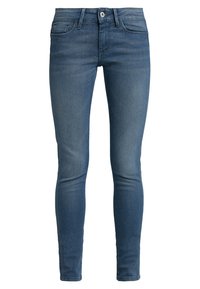Jeans skinny in denim blu medio, con una tasca frontale, chiusura a bottone e una texture liscia con leggere sfumature.