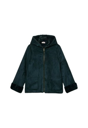 Ciemnozielona kurtka z futra ekologicznego z kapturem, przednim zamkiem błyskawicznym, dwoma kieszeniami naszywanymi i miękkimi mankietami. Gładka faktura z pluszowym wnętrzem.