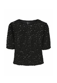 Top nero a maniche corte decorato con paillettes dense e lucide. Il collo rotondo e la superficie texturizzata creano un design audace e accattivante.