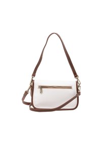 Borsa a spalla bianca in pelle con tracolla in pelle marrone, dotata di tasca frontale con zip e dettagli cuciti per un tocco di texture.