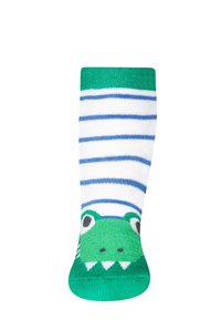 Chaussettes rayées vertes et blanches avec un motif de grenouille au bout, affichant des yeux surdimensionnés et des détails de dents triangulaires. En mélange de coton.