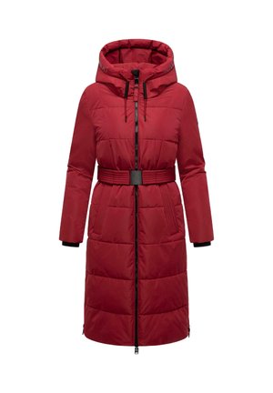 Rode gevoerde jas met een cinched taille, volledige ritssluiting en een verstelbare capuchon. Heeft lange mouwen en zijzakken met zwarte accenten.