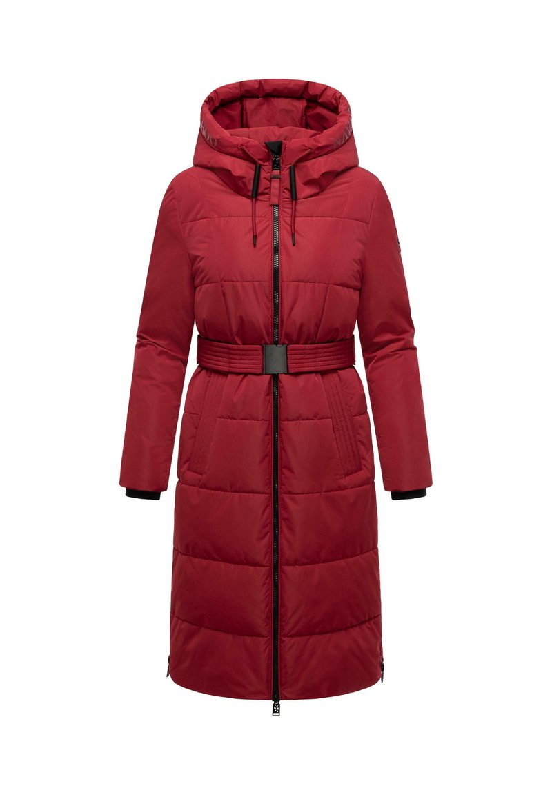 Rode gevoerde jas met een cinched taille, volledige ritssluiting en een verstelbare capuchon. Heeft lange mouwen en zijzakken met zwarte accenten.