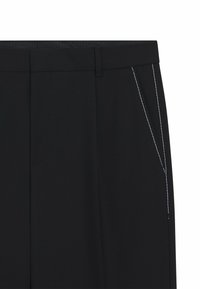 Black tailored trousers with a smooth texture, featuring contrasting white stitching along the pockets for added detail.